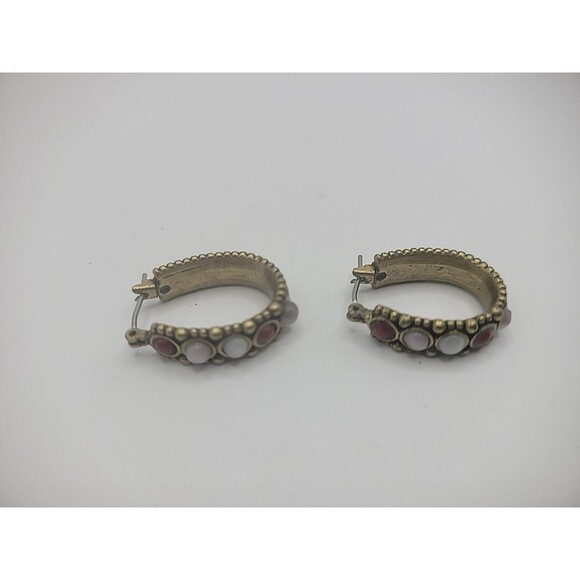 Vintage Gold Tone Hoop Earrings Stones Pierced Jewelry Costume - Picture 9 of 10